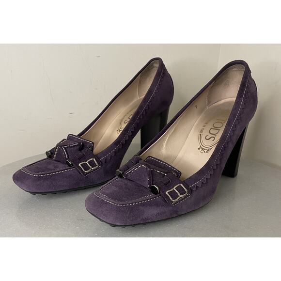 Tod’s Purple Lavender Suede Heeled Loafer Elegant Designer Italian Sz 7 - Picture 4 of 16